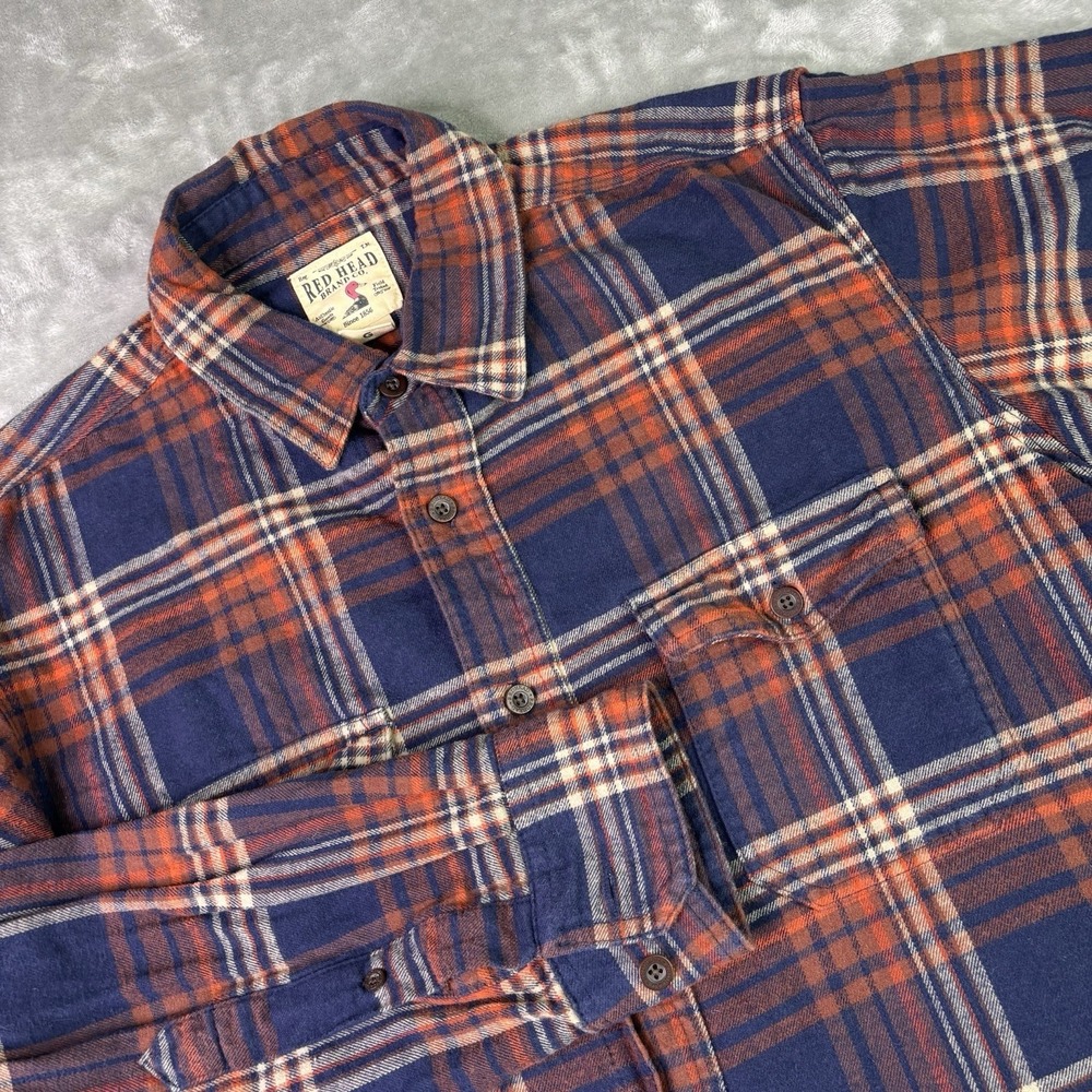 Red Head Shirt Mens Large Plaid Flannel Long Sleeve Button Front Shirt Rust Navy